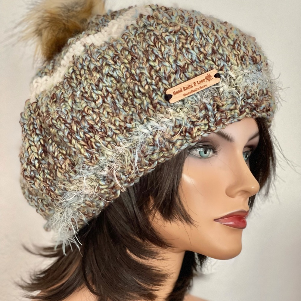 Hand Knits 2 Love Slouch Hat Boucle Designer Pom